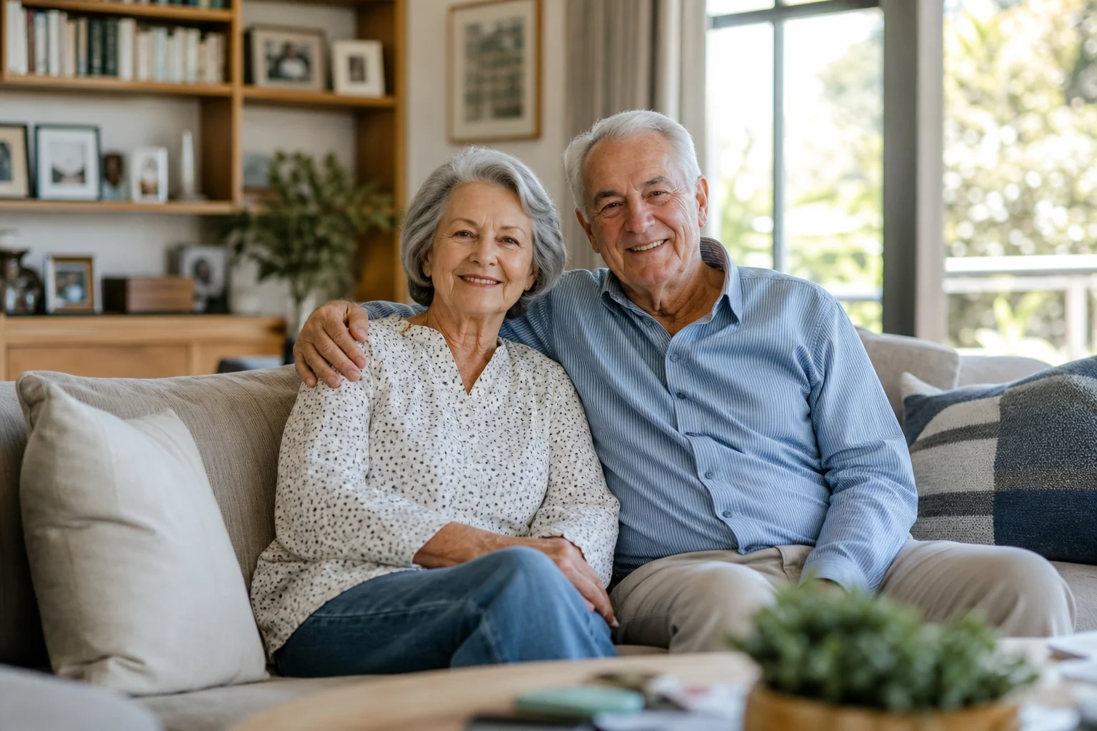 Couple de seniors chez eux, souriant, assis confortablement dans leur salon